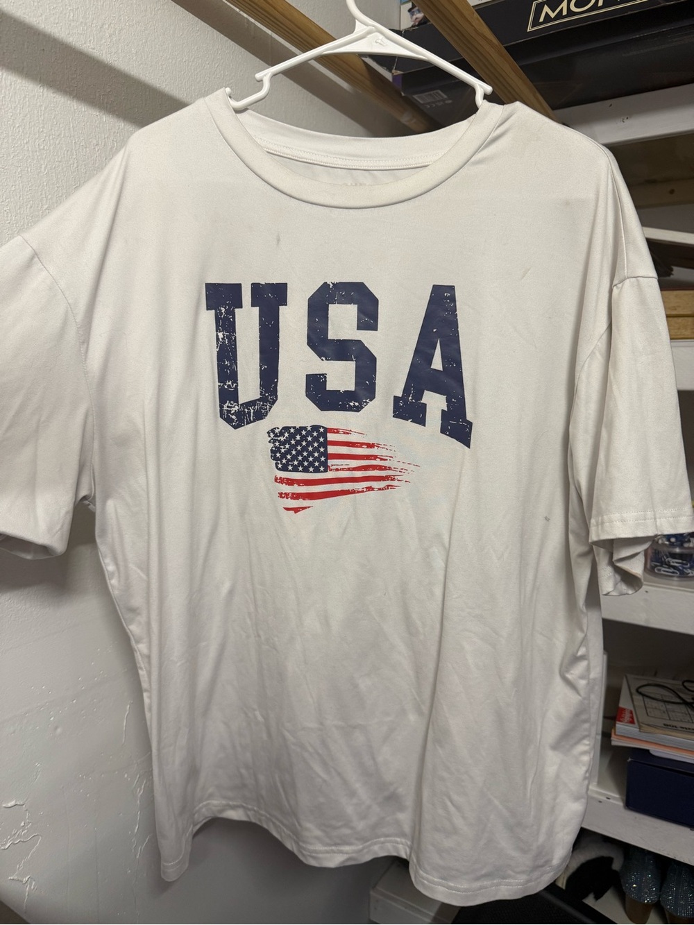 SHEIN White Short Sleeve Tee with Navy USA Print and Red Flag Accent